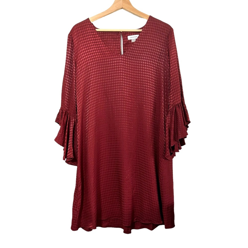 Calvin Klein Houndstooth Boho Lagenlook Bell Dress Flounce Swingy Roomy Wine 12